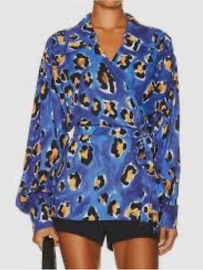 Marni Blue Leopard-Print Wrap Blouse